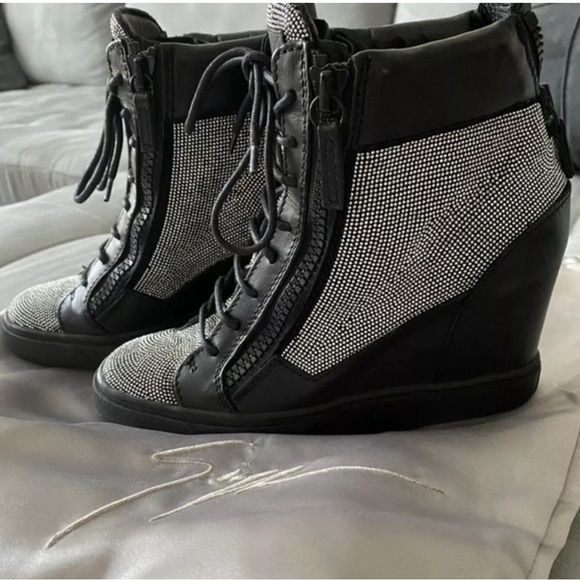 Giuseppe Zanotti Shoes - Giuseppe Zanotti Black and Silver Lace Up Boots with High-Top Design
